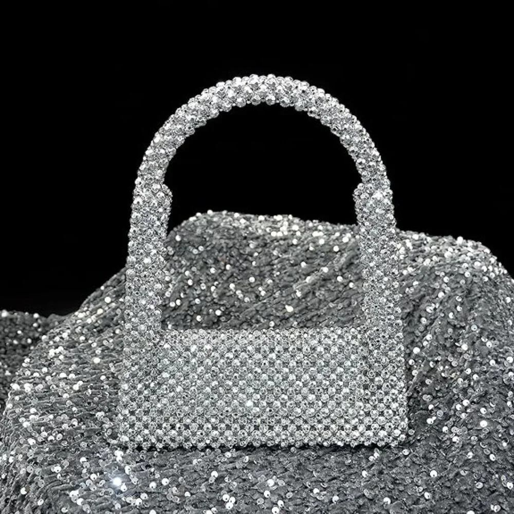 Neiman Marcus Silver Pearl Beaded Evening Clutch Purse - Picture 2 of 4